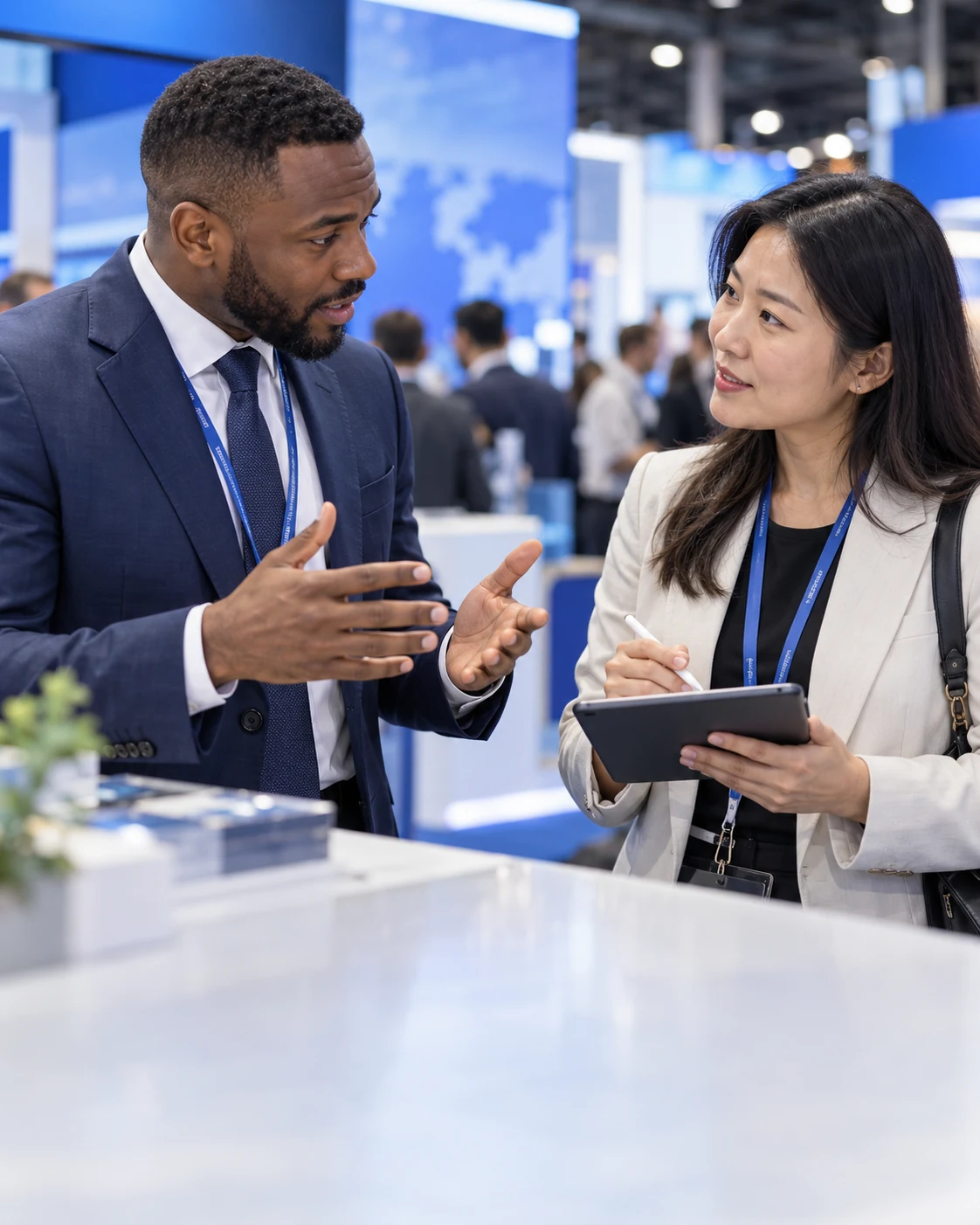 Illustrative scene of a representative capturing a buyer’s interests during a focused business conversation