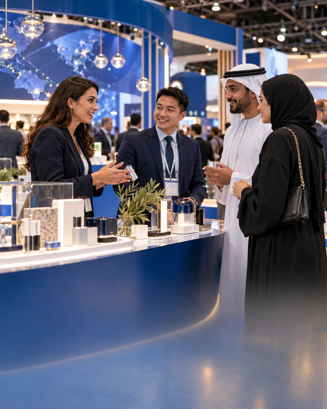 Illustrative scene of international buyers engaging with representatives at a blue exhibition booth